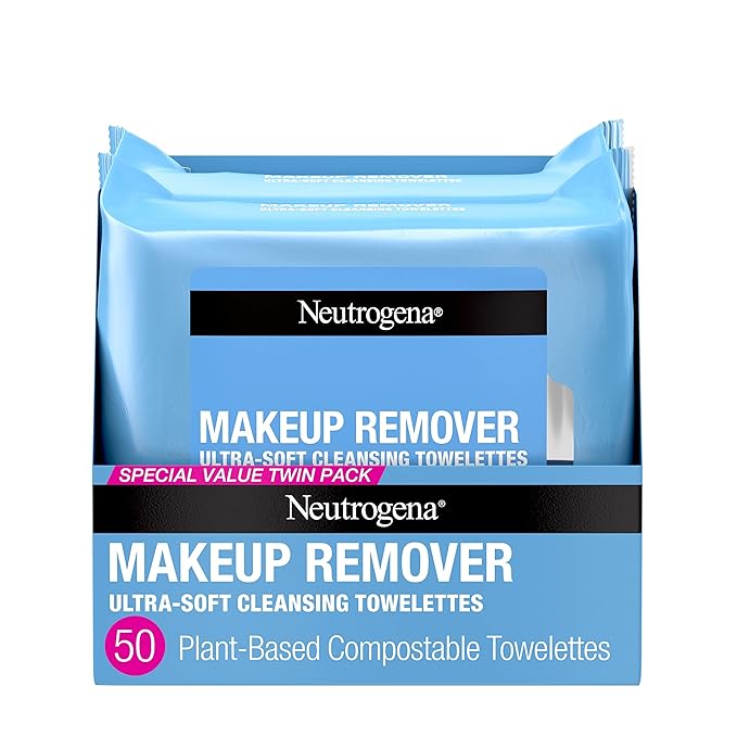 Neutrogena Makeup Remover Wipes, Ultra-Soft Cleansing Facial Towelettes for Waterproof Makeup, Alcohol-Free, Plant-Based, Twin Pack, 25 Count (Pack of 2)-Velvo Beauty