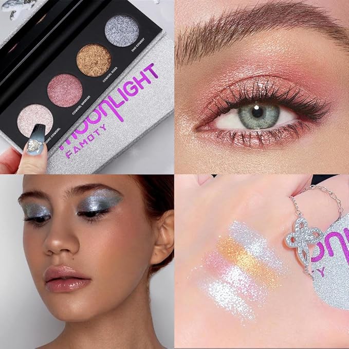 Shiny Shimmer Highlight Eye shadow Palette 4 Colors, Cosmetics Shimmer Eyeshadow Palette, Cruelty-Free and Vegan Formula, Glitter Shimmer Eyeshadow for Professional Makeup Kit (B#), Sparkly02-Velvo Beauty