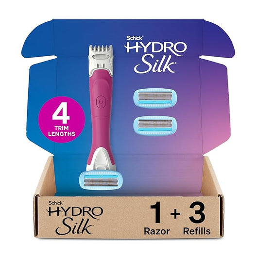 Schick Hydro Silk TrimStyle Razor with Bikini Trimmer for Women | 2-in-1 Bikini Razor for Women and Womens Trimmer for Pubic Hair, Includes 1 Waterproof Handle, 3 Refills & 1 AAA Battery-Velvo Beauty