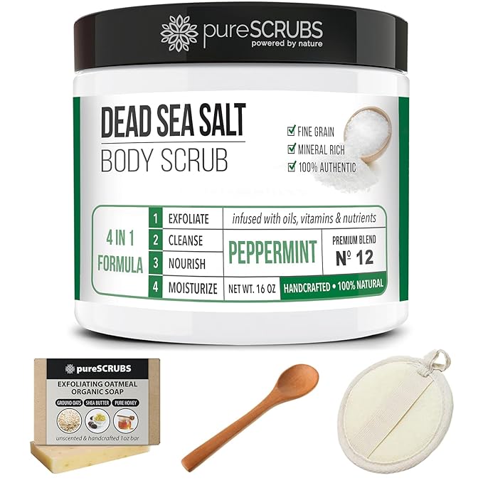 pureSCRUBS Premium Sea Salt Body Scrub Set - Large 16oz Peppermint Scrub With Infused Essential Oils & Nutrients, Includes Wooden Spoon, Loofah & Oatmeal Exfoliating Bar Soap-Velvo Beauty