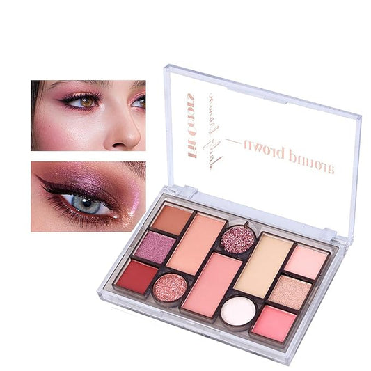 12 Colors Pink Eyeshadow Palette, Mini All in One Blush, Eyebrow & Eye Makeup Kit, Highly Pigmented Matte & Shimmer Shades, Big Artist Comprehensive Facial Makeup, Travel Friendly (02)-Velvo Beauty