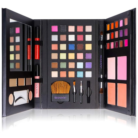 SHANY Luxe Book Makeup Set - All In One Travel Cosmetics Kit with 30 Eyeshadows, 15 Lip Colors, 5 Brushes, 4 Pressed Blushes, 3 Brow Colors, and Mirror-Velvo Beauty