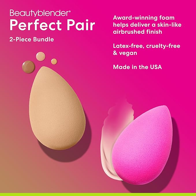 Beautyblender® | Original Pink + Nude Beauty Blender 2-Piece Bundle for Blending Foundations, Powders, and Creams, Super-Soft Foam for Streak-Free Application, Made in the USA, Reusable, Washable-Velvo Beauty