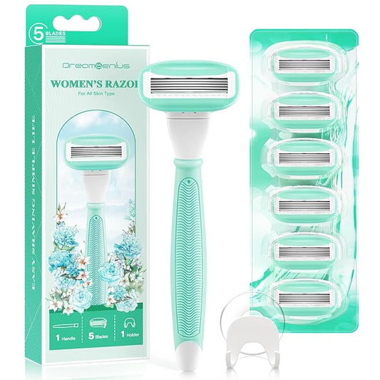DreamGenius Razors for Women Include 1 Non-Slip Handles and 7 Blade Refills with a Shower Holder, 5 Premium Blades Women's Razors for Shaving with 360° Lubrication Reduces Irritation, Green-Velvo Beauty