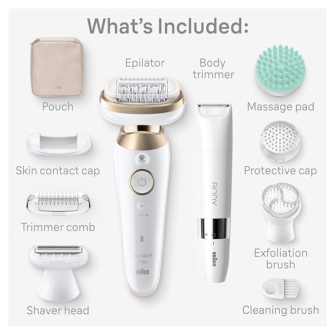 Braun Epilator Silk-épil 9 Flex SkinSpa, Hair Removal Device, 360 Flex and Pivoting Head, Wet and Dry, Includes Shaver Head, Trimmer Comb, Massage Pad, Exfoliation Brush and BodyTrimmer, SES9-481 3D-Velvo Beauty