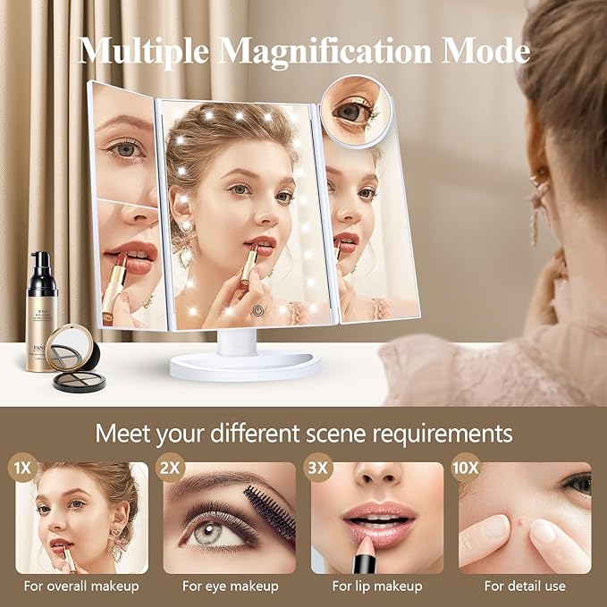 HUONUL Makeup Mirror Vanity Mirror with Lights, 2X, 3X, 10X Magnification, Touch Control, Trifold, White, 9.4" L x 13.4" W, Modern Style, Dresser Mount, Bathroom-Velvo Beauty