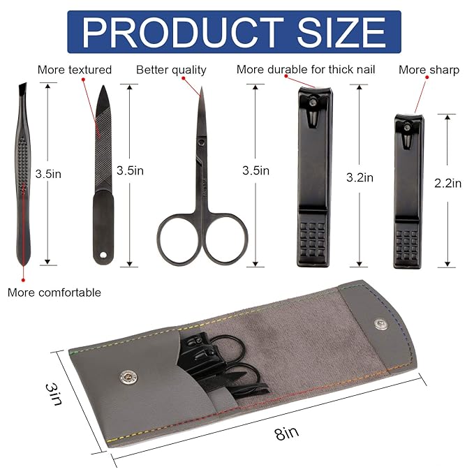 Manicure Pedicure Kit Nail Clippers Set Fingernails & Toenails Vibrissac Scissor 5 Pieces Best Care Tools for Man & Women with Travel Case (Gray/Black_A) (Gray/Black_A)-Velvo Beauty