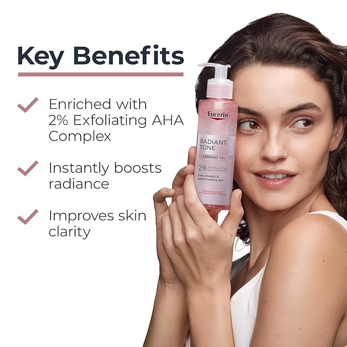 Eucerin Radiant Tone Face Cleanser Gel with 2% Exfoliating AHA Complex, Gentle Face Wash Improves Skin Clarity and Boosts Radiance, All Skin Types, 6.8 Fl Oz Bottle-Velvo Beauty