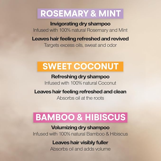 Suave+ Dry Shampoo Spray Variety 3-Pack – Invigorating Rosemary & Mint, Volumizing Bamboo & Hibiscus + Refreshing Sweet Coconut, 4.3 Oz Ea-Velvo Beauty