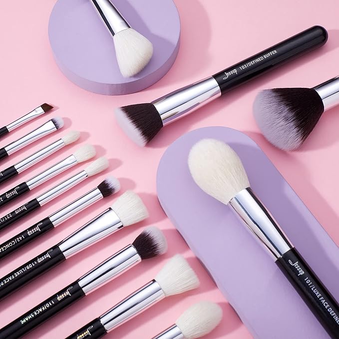 Jessup 25pcs Professional Makeup Brush Set Foundation Powder Concealer Eyeshadow Blending Blush Highlighter Natural-Synthetic Hair Brushes (Black/Silver)-Velvo Beauty