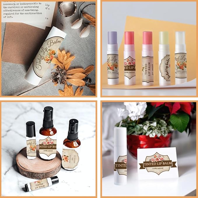 OLYCRAFT 100Pcs Self-Adhesive Lip Balm Tag Stickers 1.7x2.1 inch Vintage Flower Waterproof Adhesive Label with Word Lipstick Tag Sticker for Lip Balm Container Tubes Lipstick Wrapping Decoration-Velvo Beauty