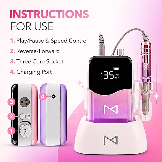 M Mase- Professional Nail Drill Machine - Coreless 2-in-1 Nail File - Electric, Cordless, 35000 RPM, HD Display - Electric Nail Drill for Professional & Home Use (Rose Gold)-Velvo Beauty