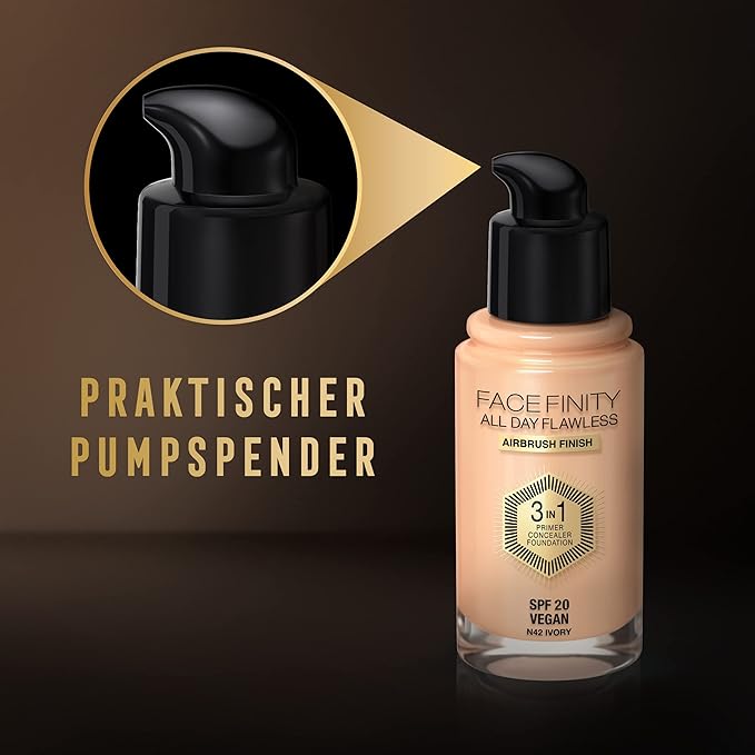 Max Factor Facefinity 3-in-1 All Day Flawless Liquid Foundation, SPF 20-42 Ivory, 30 ml-Velvo Beauty