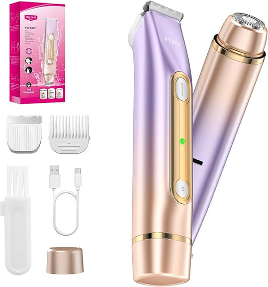 2 in 1 Bikini Trimmer for Women, Dual Head Electric Razor, IPX7 Waterproof Wet/Dry Use Women Electric Shaver, Painless Body Facial Hair Remover for Bikini Legs Arm Underarm, (Lavender)-Velvo Beauty