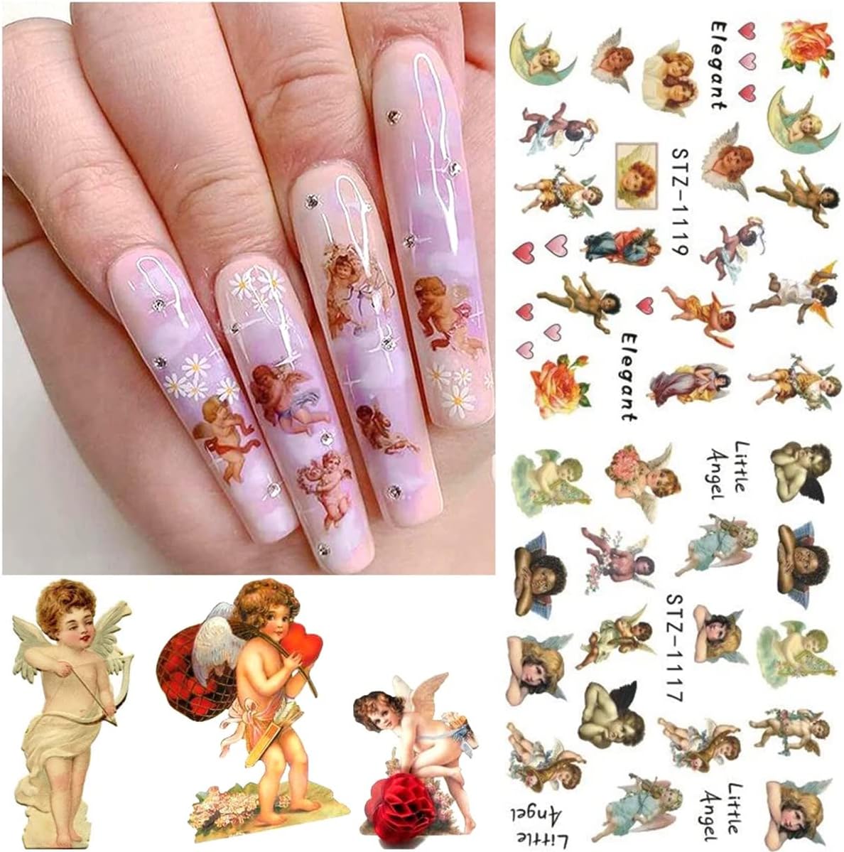 8 Sheets Valentine's Nail Art Stickers - Angel Cupid Water Transfer Foil Decals - Heart Designs for Women Girls - Nail Art Decorations-Velvo Beauty