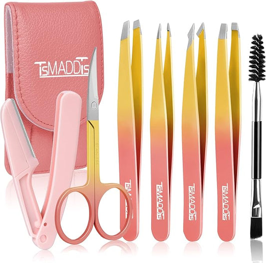 TsMADDTs 7PCS Tweezers Set for Women Facial Hair, Precision Tweezer for Eyebrows with Curved Scissor and Eyebrow Razor for Ingrown Hair, Pink&Yellow-Velvo Beauty