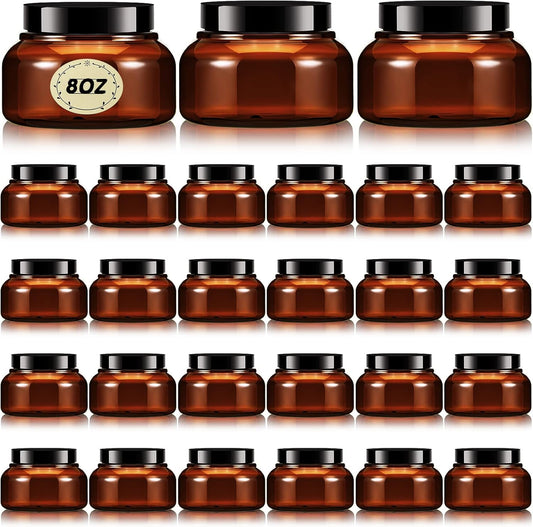 Tessco 24 Pack Plastic Jars with Lids Labels Empty Clear Plastic Jars Round Refillable Cosmetic Containers Body Butter Containers Bulk Sugar Scrub Bottle for Make Up(8 oz,Brown)-Velvo Beauty