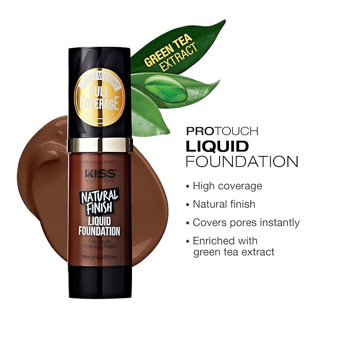 Kiss New York Professional Liquid Foundation - Lightweight and Hydrating Formula, Natural Finish, Control Shine, Cover Pores, Medium to Full Coverage, Green Tea Extract (Cognac)-Velvo Beauty