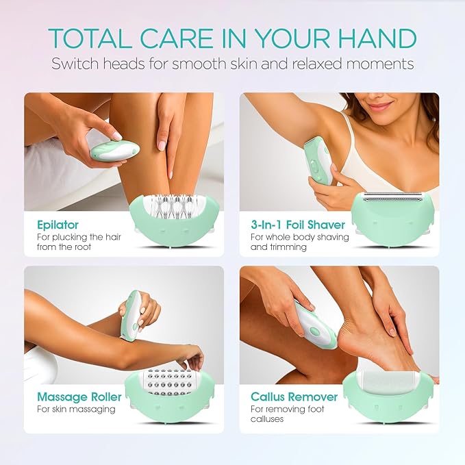 Epilator for Women-Cordless Epilators Hair Removal for Women, 4-in-1 Electric Razor Hair Remover, 2 Speeds & 21 Tweezers for Face Legs Arms Armpit Bikini, Green HR310-Velvo Beauty