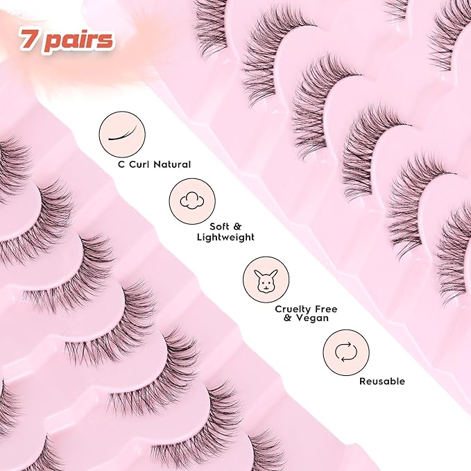 Lashes Natural Look False Eyelashes Wispy 13mm Eye Lashes Pack with Thin Cotton Band C Curl Fake Eyelashes 3D Volume For Daily Siligli Lash 7 Pair-Velvo Beauty