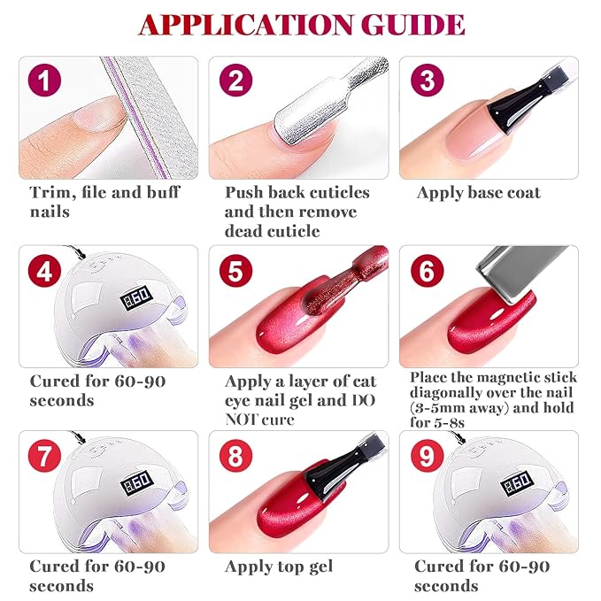 RARJSM Red Cat Eye Gel Nail Polish Set 6 Pcs Smoothie Ceramic Silver White Glitter Shimmer Burgundy Cherry Dark Wine Red Velvet Diamond Cateye Gel Polish with Magnetic Stick Soak off Curing Require-Velvo Beauty