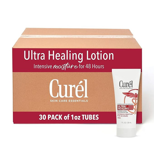 Curel Ultra Healing Intensive Fragrance-Free Lotion For Extra-Dry Skin, Dermatologist Recommended, Ideal for Sensitive Skin, Cruelty Free, Paraben Free, 1 Oz, Pack of 30-Velvo Beauty