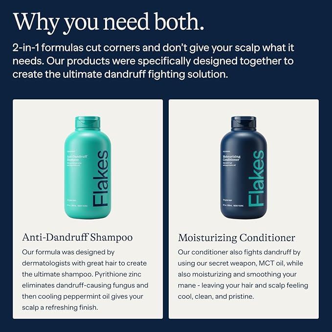 Flakes Anti Dandruff Shampoo and Conditioner Set for Men with Scalp Massager | Dry, Flaky, & Itchy Scalp Shampoo | Sulfate and Paraben Free | Hydrating Shampoo & Moisturizing Conditioner | 9 fl oz-Velvo Beauty