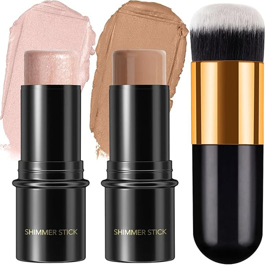 2Pcs Cream Contour Stick Makeup Kit, Cream Highlighter Stick and Bronzer Contour Stick with Longwear Waterproof Formula for Brightening and Trimming the Cheeks, Makeup Brush Include (#03, 09)-Velvo Beauty