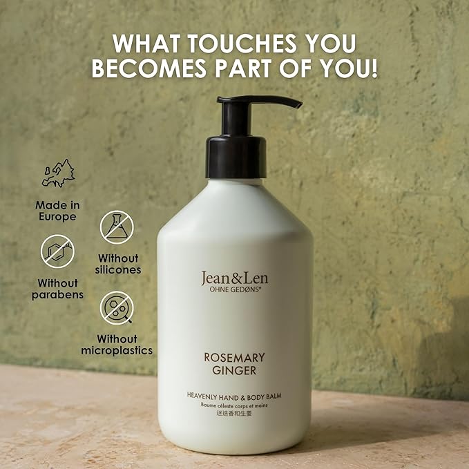 Jean & Len Heavenly Hand & Body Balm Rosemary & Ginger, for a fragrant care experience, with organic argan oil and shea butter, minimalistic bottle, without parabens & silicones, 16.91 Fl. Oz.-Velvo Beauty