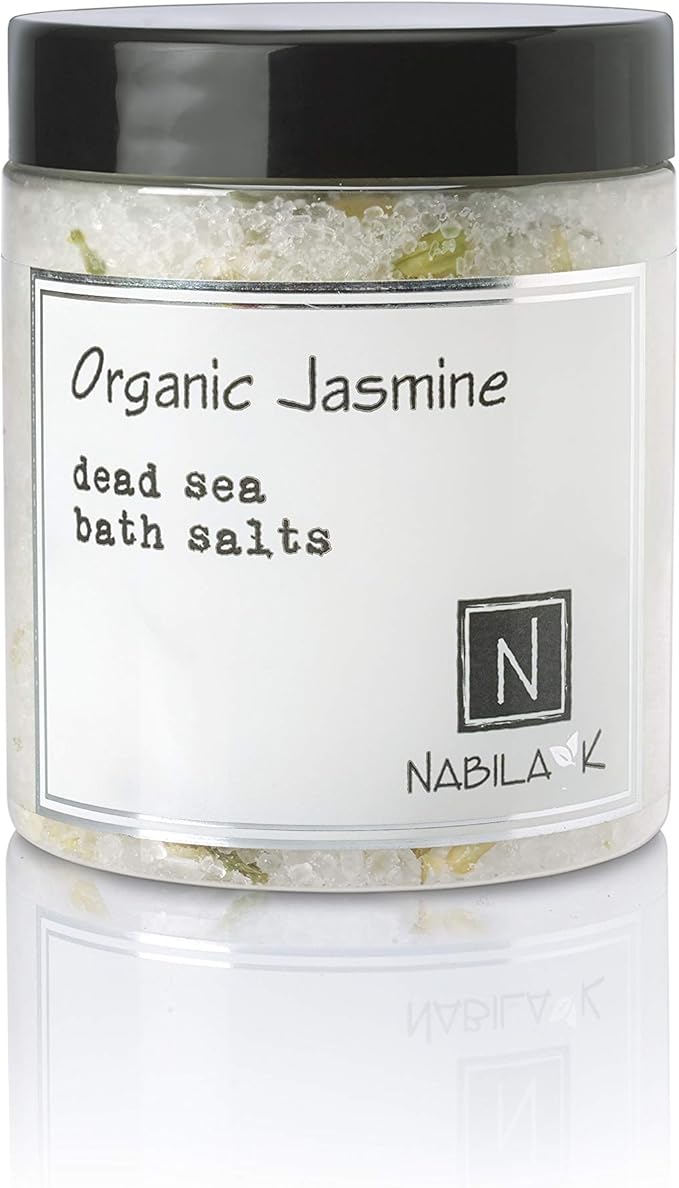 Organic Jasmine Bath Salts by Nabila K - Dead Sea Salt & Epsom Salt Scrub & Soak - Exfoliates & Hydrates Skin, Botanical Essential Oils - Bubble Bath Accessories for All Skins Types, 8 oz-Velvo Beauty