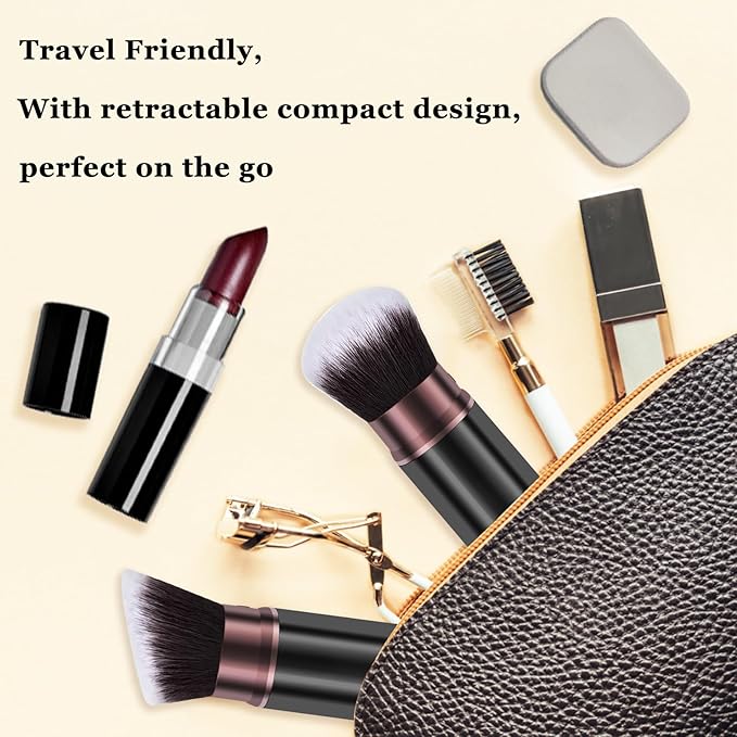 Retractable Makeup Brush, Travel Kabuki Powder Makeup Brush 2 Pack, Foundation Face Blush Brushes for Blending Liquid, Blush, Bronzer, Buffing, Sunscreen,Flawless Cosmetics-Velvo Beauty