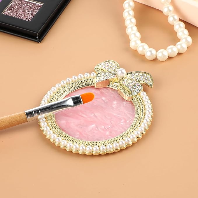 Resin Nail Art Palette, Nail Art Painting Mixed Color Palette Bow Decorated Nail Art Display Board with Pearls Nail Art Supplies Makeup Foundation Mixing Palette Manicure Tool-Velvo Beauty
