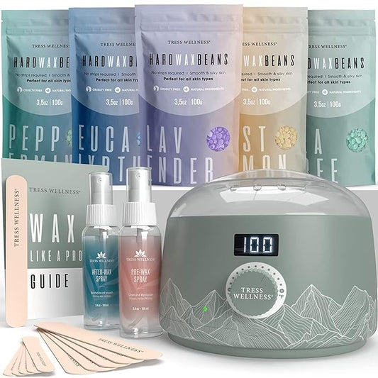 Tress Wellness Waxing Kit for Sensitive Skin – Safe for Face & Skin, Prep & Aftercare Spray, Easy to Use – At-Home Kit for Face, Bikini, Brazilian & Full Body - Digital Display, Green Mountain-Velvo Beauty