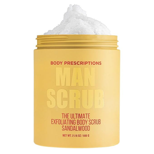 Body Prescriptions Men’s Exfoliating Body Scrub – Ultimate Skin Cleansing Wash in Jar with Twist-Top Lid, For All Skin Types, 21 Ounce (Pack of 1), Sandalwood-Velvo Beauty