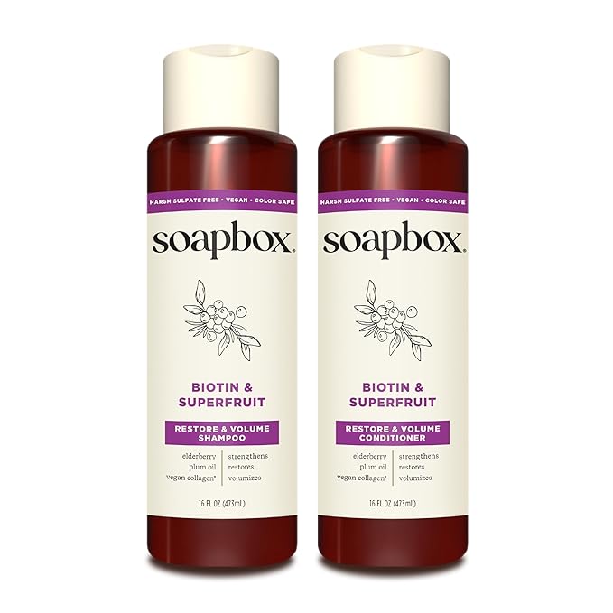 Soapbox Biotin & Superfruit Shampoo & Conditioner Set with Vegan Collagen, Aloe and Shea Butter, Pack of 2 Harsh Sulfate Free, Paraben & Silicone Free, 16 Ounces Each-Velvo Beauty