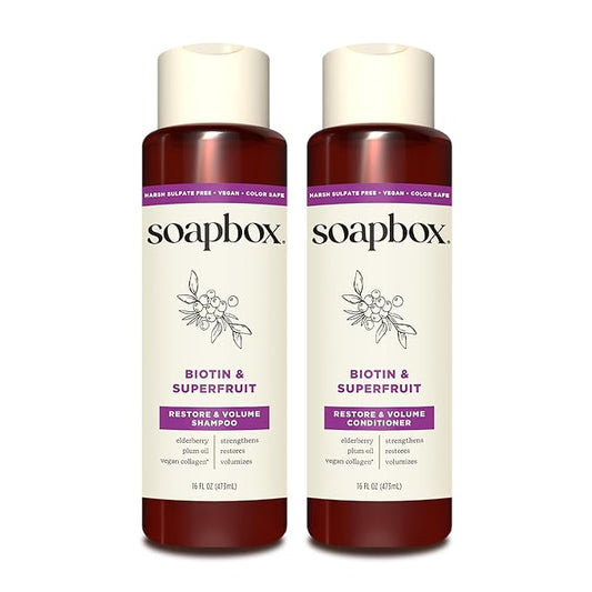 Soapbox Biotin & Superfruit Shampoo & Conditioner Set with Vegan Collagen, Aloe and Shea Butter, Pack of 2 Harsh Sulfate Free, Paraben & Silicone Free, 16 Ounces Each-Velvo Beauty