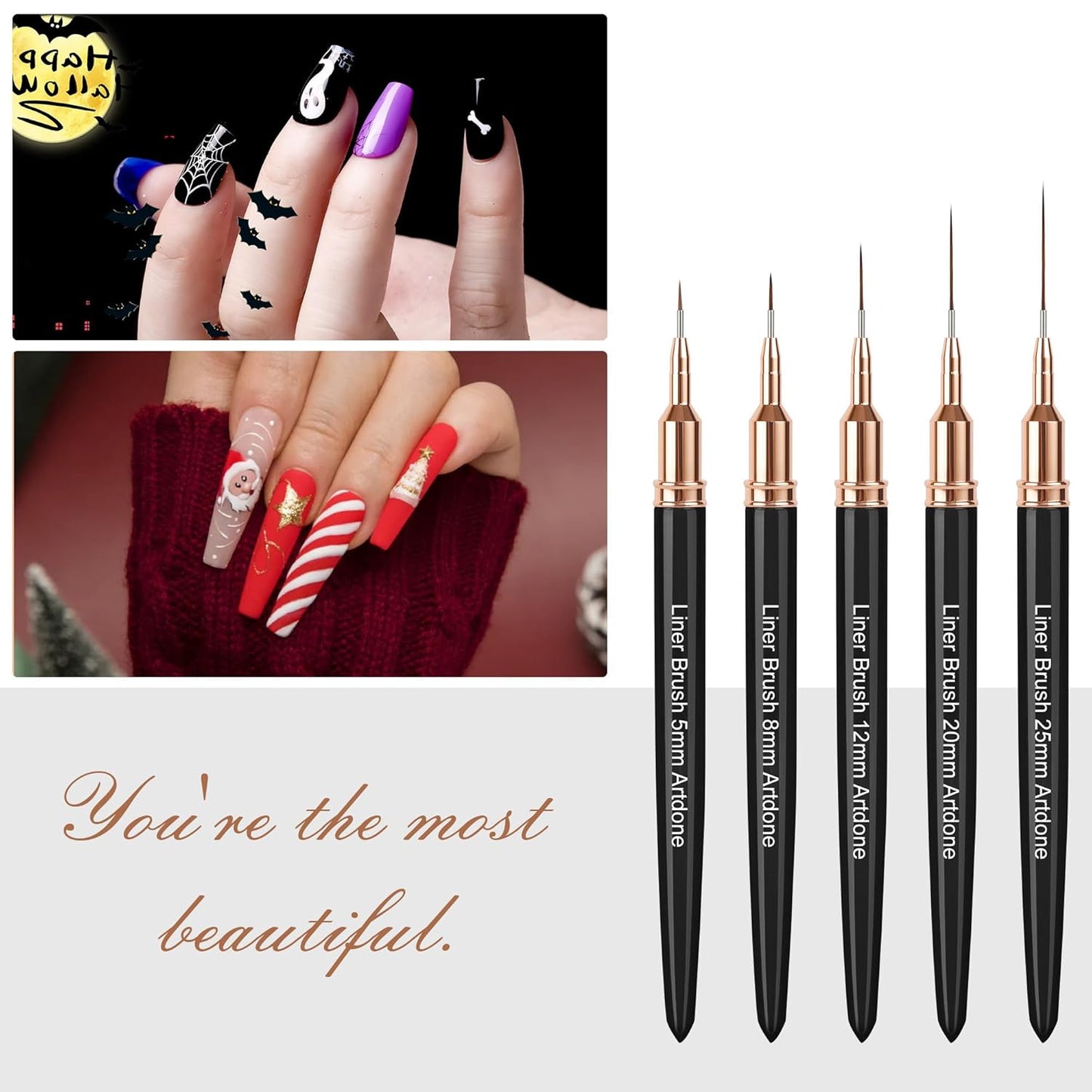 Artdone Metallic Nail Art Pens, Liner Brushes Set, 5PCS Black Color Nail Tools For Long Lines, Thin Details, Fine Drawing, Liner Brush UV Gel Polish Painting Nail Design Sizes 5/8/12/20/25mm-Velvo Beauty