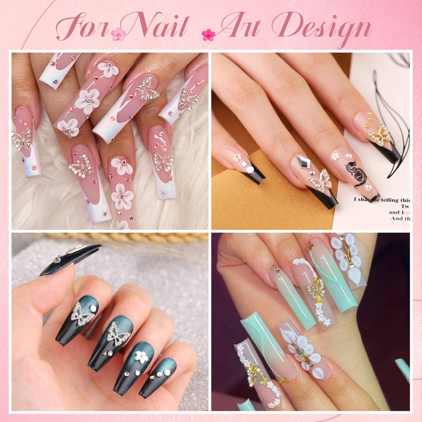 3D Nail Charms and Gems Set 4 with Rhinestone Glue, 20PCS Gold and Silver Chunky Butterfly Nail Charms, 3D Flowers for Nails, Crystal and Pearls + Metal Caviar Beads + Picker Tool for Y2K Nail Decor-Velvo Beauty