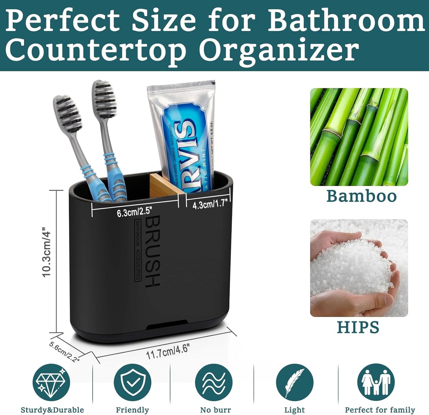 Toothbrush and Toothpaste Holder with Bamboo Divider for Bathroom Countertop Organizer, Detachable for Easy Clean, 2 Slots Electric Toothbrush Holders Storage Caddy Drainage for Family-Black-Velvo Beauty