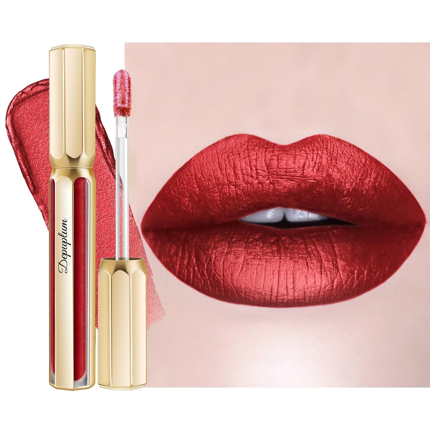 Dark Red Lipsticks for Women Metallic Lipstick Long Lasting Non Stick Cup Lip Gloss, Metal Shine Lightweight Hydrating Full Coverage Lip Color, DP104 Impassion-Velvo Beauty