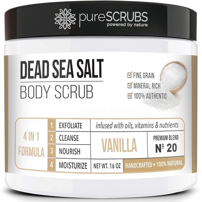pureSCRUBS Premium Vanilla Body Scrub Set - Large 16oz Dead Sea Salt Body Scrub With Infused Essential Oils & Nutrients, Includes Wooden Spoon, Loofah & Oatmeal Exfoliating Bar Soap-Velvo Beauty
