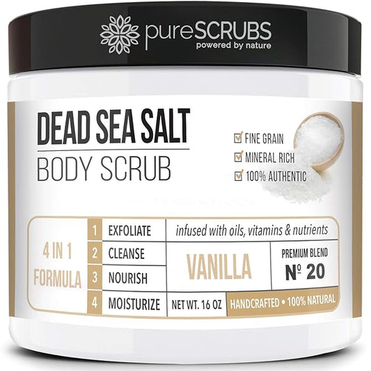 pureSCRUBS Premium Vanilla Body Scrub Set - Large 16oz Dead Sea Salt Body Scrub With Infused Essential Oils & Nutrients, Includes Wooden Spoon, Loofah & Oatmeal Exfoliating Bar Soap-Velvo Beauty