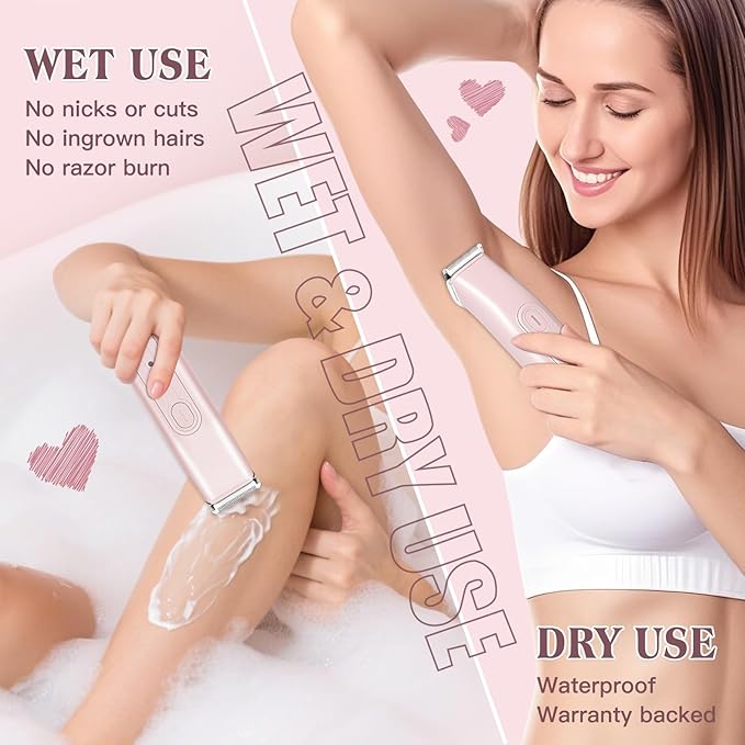 Bikini Trimmer Electric Razors for Women, 2-in-1 Dual-Head Cordless Body Hair Trimmer Facial Hair Removal for Face Lip Chin Pubic Underarm Legs, IPX6 Waterproof, Gifts for Women-Velvo Beauty