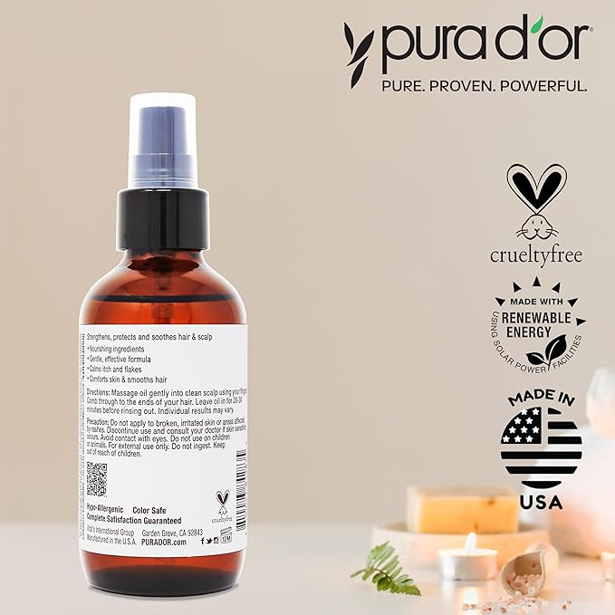 PURA D'OR 3.3 Oz Scalp & Hair Strengthening Oil - Supports Optimal Growth, Reduce Breakage, Nourish Roots for Healthier, Fuller, Thicker Hair - Rosemary, Castor & Peppermint Oil for Stronger Strands-Velvo Beauty