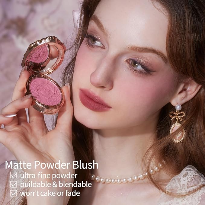 Flower Knows Strawberry Rococo Embossed Blush;Berry Matte Finish;Buildable & Blendable Powder Blush for cheeks,Highly Pigmented;Natural Flush for All Skin Tones(05 Berry Mary, 5g)-Velvo Beauty