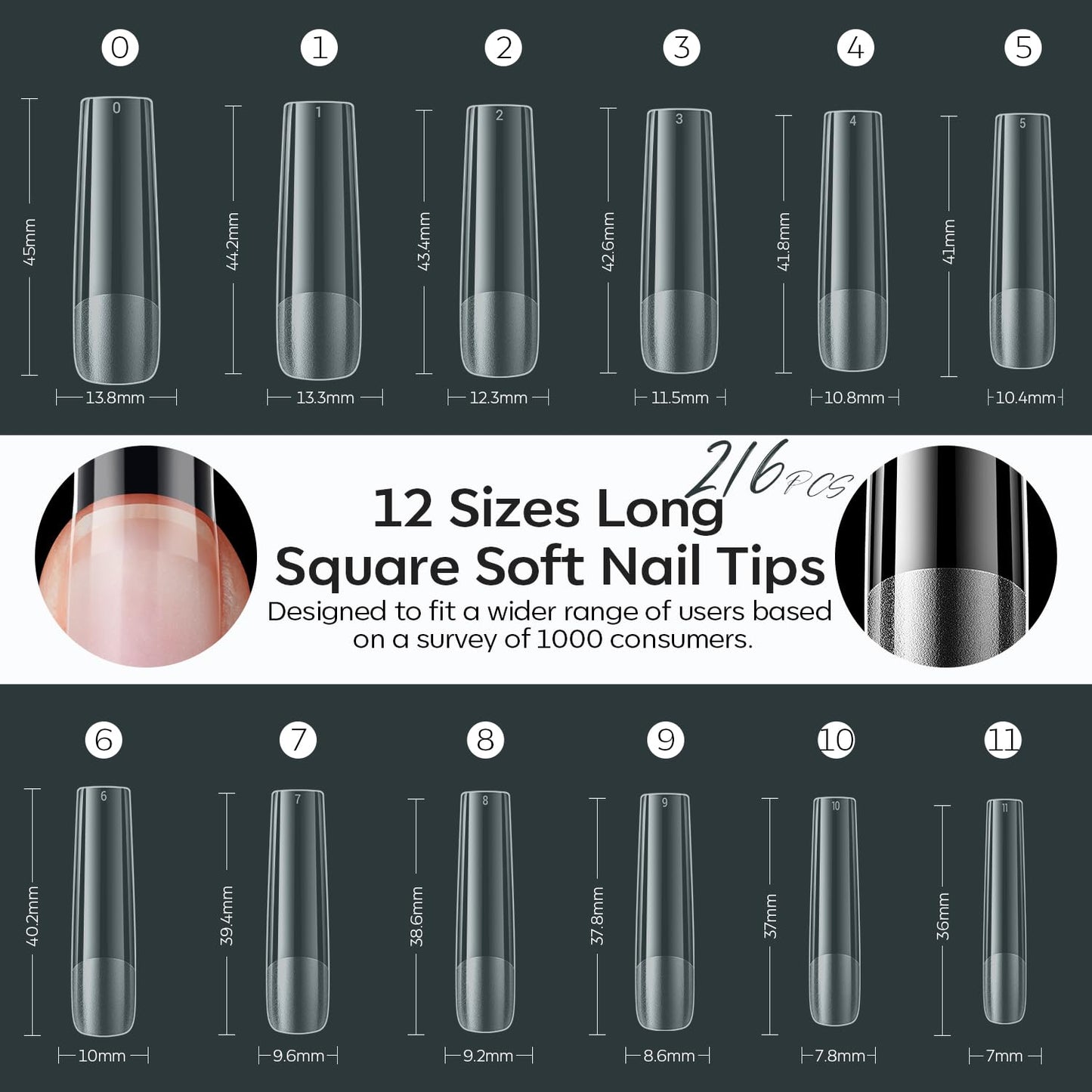 modelones XXL Long Square Nail Tips, Pre-shaped Soft Gel Tips Fake Nails False Acrylic Clear Full Cover Press on Extension Kit Gel Manicure DIY at Home 216PCS 12Sizes-Velvo Beauty