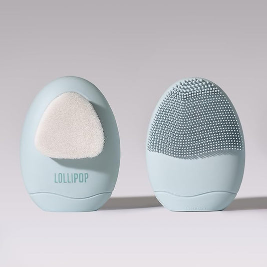 LOLLIPOP Dual-Sided Facial Cleansing Brush | Palm Size Silicone Face Exfoliator and Soft Fiber Cleanser | Manual Face Scrubber for Pores, Makeup Removal, Blackhead and Skincare Routine, Oceanic-Velvo Beauty