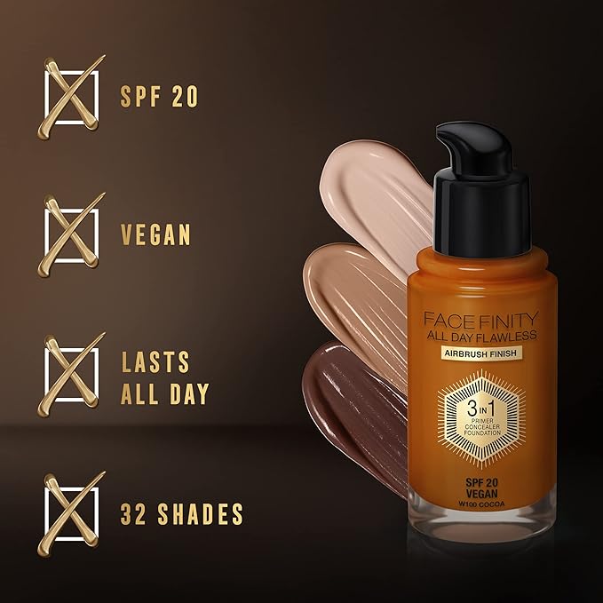 Max Factor Facefinity All Day Flawless 3 In 1 Foundation SPF 20, No. 100 Sun Tan-Velvo Beauty