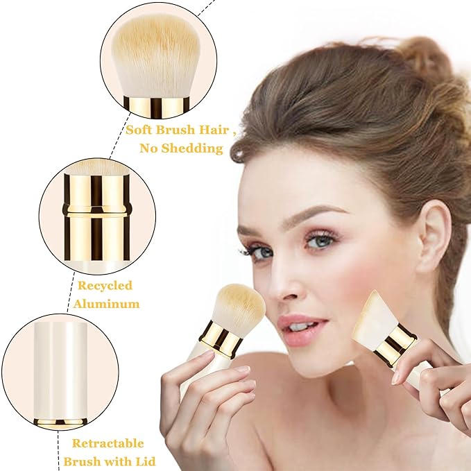 Makeup Brush, Retractable 2 Pack Travel Kabuki Powder Makeup Brush, Foundation Face Blush Brushes for Blending Liquid, Blush, Bronzer, Buffing, Sunscreen,Flawless Cosmetics-Velvo Beauty