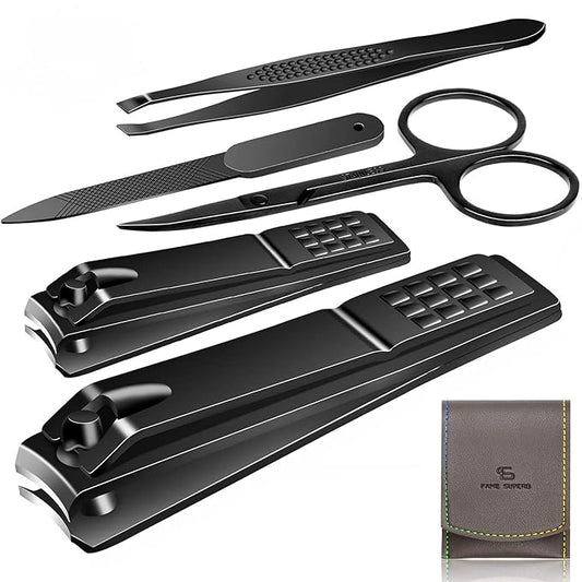 Manicure Pedicure Kit Nail Clippers Set Fingernails & Toenails Vibrissac Scissor 5 Pieces Best Care Tools for Man & Women with Travel Case (Gray/Black_A) (Gray/Black_A)-Velvo Beauty